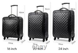 16,20,24 Women's Black PU Leather Carry On Travel Trolley Rolling Luggage Set
