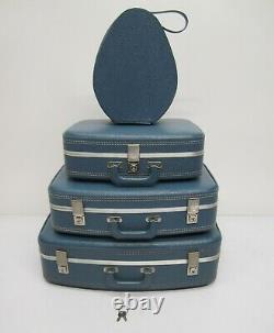 4 Piece Vtg MCM Hard Shell Case Suitcase Luggage Set Blue Vinyl Nesting Stacking