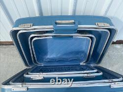 4 Vtg Blue Nesting Travel Luggage Set MID Century Modern
