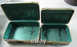 Antique Vintage Tweed Green Hard Shell Travel Suitcase Luggage SeT of 2