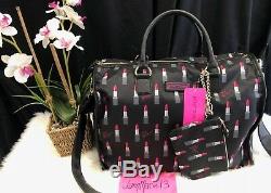 Betsey Johnson Black Lipstick Weekender Travel Duffle Bag Wristlet Luggage SET