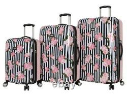 Betsey Johnson Expandible 3 piece Hardside Spinner Luggage Set Stripes Roses