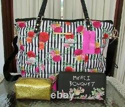 Betsey Johnson Floral Tote Weekender Set Travel Bag 3 pc Cosmetic & Wallet NWT