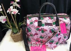 Betsey Johnson Pink FLAMINGO Weekender Travel Duffle Bag Wristlet Luggage SET