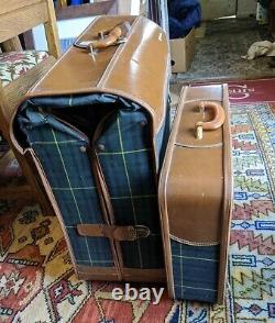 Highlander Antique 2 Luggage Set Green Plaid Suitcase Suit Garment Bag MCM Vtg