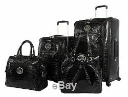 Kathy Van Zeeland Black 4pc Croco Luggage Set Pvc Expandable Spinner Suitcase