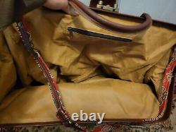 Large Vintage Southwestern Suit Case Luggage Set Leather Trim AA Rare HTF Strap