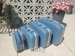 MCM Vintage 4 Pc Suitcase Luggage Set Blue Vinyl Hard Side Stacking Nesting
