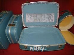 MCM Vintage 4 Pc Suitcase Luggage Set Blue Vinyl Hard Side Stacking Nesting