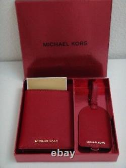 MICHAEL KORS 2pc Travel BOX SET MK Red Cherry Saffiano Passport Case Luggage Tag