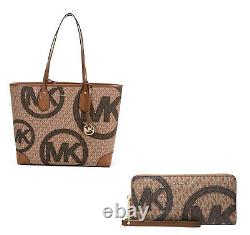 Michael Kors Eva Luggage Brown Large Two-Tone Graphic Logo Tote Bag + Wallet SET