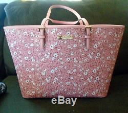 Michael Kors Jet Set XL Travel Tote Navy Pink Floral or Med Fawn Luggage Leather