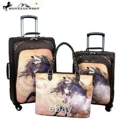 Montana West Horse Art 3-PC Wheeled Luggage Set Laurie Prindle Collection Coffee