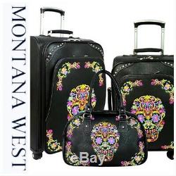Montana West Sugar Skull Collection 3 Piece Luggage Set/Collection -Black