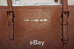 NWT MICHAEL Michael Kors Leather Jet Set Travel Large EW Tote Handbag LUGGAGE