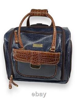 NWT Samantha Brown Croco Embossed 16 Rolling Carry-on Underseater Navy Bag Set