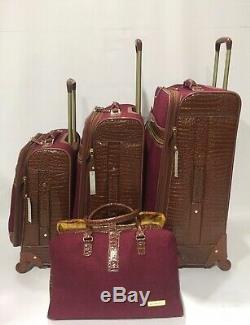New Samantha Brown Tweed Burgundy Camel 4pc Spinner Luggage Set Expandable