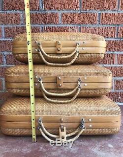 Nice Vintage Hand Woven Set Of 3 Bamboo Nesting Suitcases Mid Mod Suitcases