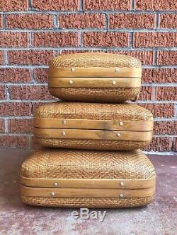 Nice Vintage Hand Woven Set Of 3 Bamboo Nesting Suitcases Mid Mod Suitcases