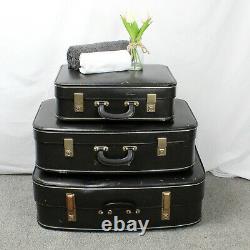 Set 3 Vintage 1960's Black Expanding Suitcases. Hard Shell Travel Cases