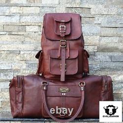 Set Leather Bag Gym Travel Luggage Duffel Weekend Overnight Backpack 2 Bags