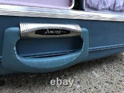 Set of 2 Piece Vintage AMCREST Blue Luggage Hard Shell Train Lined Suitcases GUC