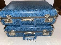Set of 2 Vintage Matching Child Size Hard Blue Gateway Luggage Suitcase 17x13