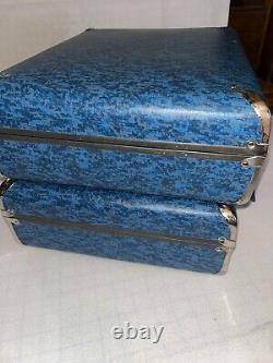 Set of 2 Vintage Matching Child Size Hard Blue Gateway Luggage Suitcase 17x13