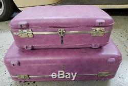 Set of 2 Vintage Purple American Tourister Hardside Suitcase Luggage Pink Lining