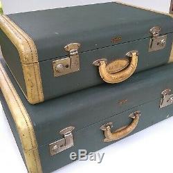 Set of 2 Vintage Rare Green Hartmann with Leather Trim Suitcases Luggage Display
