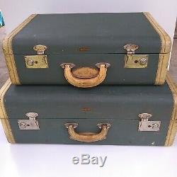 Set of 2 Vintage Rare Green Hartmann with Leather Trim Suitcases Luggage Display