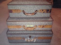 Set of 3 VIntage Hartmann Tweed & Leather Toile Interior Suitcases Mid-Century