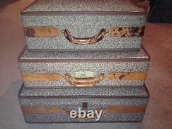 Set of 3 VIntage Hartmann Tweed & Leather Toile Interior Suitcases Mid-Century