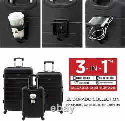 Smart Luggage Set with Cup Holder and USB Port, Black, 3 Piece Set