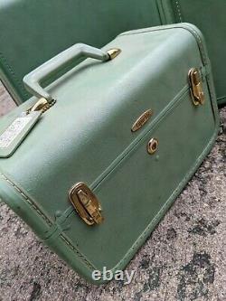 Taperlite Vintage Blue/Green Vinyl Suitcase Luggage Set Hardshell No Keys