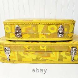 Two 1970's Floral Suitcases Luggage Set Vinyl Retro Travel Whimsical Geometric
