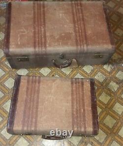 VTG DVE SET 2 Tweed Suitcases Striped Hardside Leather Handle & trim 12x18 26x15