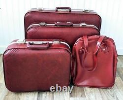 Vintage 1970s 5pc Luggage Set Suitcase Garment Bag Burgundy Vinyl Hard-shell