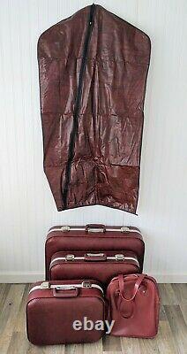 Vintage 1970s 5pc Luggage Set Suitcase Garment Bag Burgundy Vinyl Hard-shell