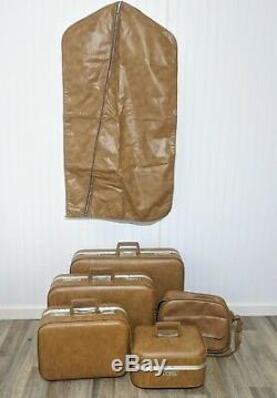 Vintage 1970s 6pc Luggage Set Train Case Garment Bag Camel Vinyl Hard-shell Keys