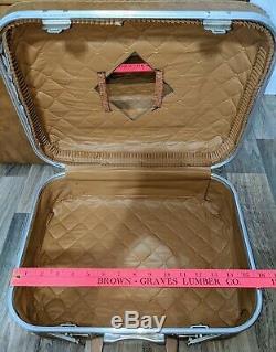 Vintage 1970s 6pc Luggage Set Train Case Garment Bag Camel Vinyl Hard-shell Keys