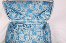 Vintage 2 PC Via Ventura Blue Leather Luggage Set Suitcase Carry On Hard Case