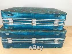 Vintage 60s Set 2 Samsonite Travel Luggage Teal Aqua Floral Suit Case Mod