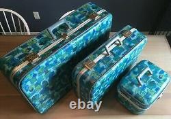 Vintage 60s Suitcase Luggage Set (3) Blue Green GROOVY
