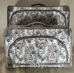 Vintage FRENCH LUGGAGE Floral Tapestry & Suede Leather 20 & 28 Suitcase Set