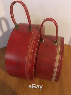 Vintage Round Red Luggage Set of 2 Hat Box Train Case Suitcase Travins Hard Side
