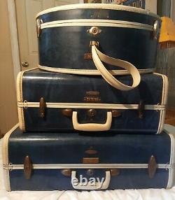 Vintage Samsonite Shwayder Bros. Hawaiian Blue/Bone 3-Piece Luggage Set VTG RARE