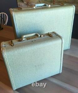 Vintage Samsonite Suitcase Set Robin Egg Blue Tweed Style 4251 Plus KEYS