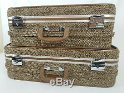 Vintage Skyway 2 Piece Set Brown Tweed Rolling Travel Suitcase Luggage Bags