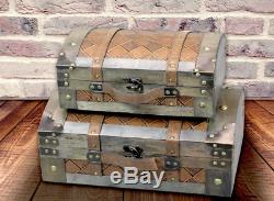 Vintage Suitcase Trunk Train Case Leather Chests Retro Antique Luggage Set of 2